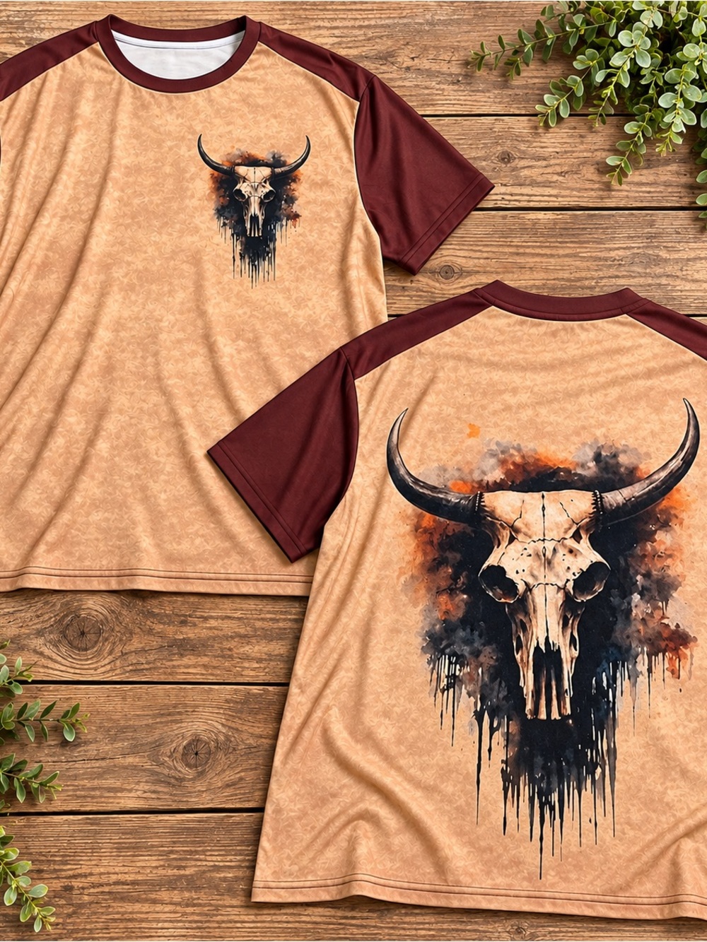 Men's Tan Raglan Tee with Maroon Sleeves & Bull Skull Graphic